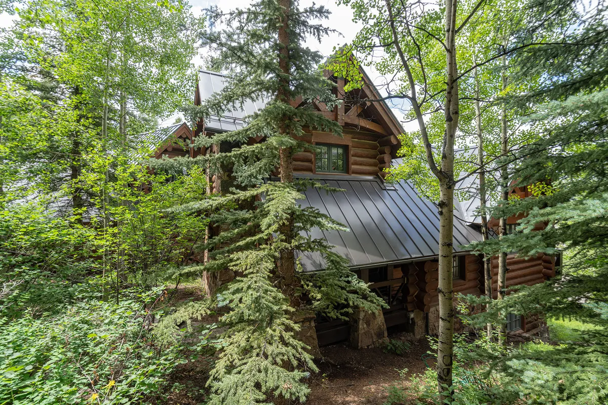 A log cabin with a metal roof is nestled among tall trees. The tranquil setting hints at endless opportunities for nature walks, exploration, and family adventures just outside the door.