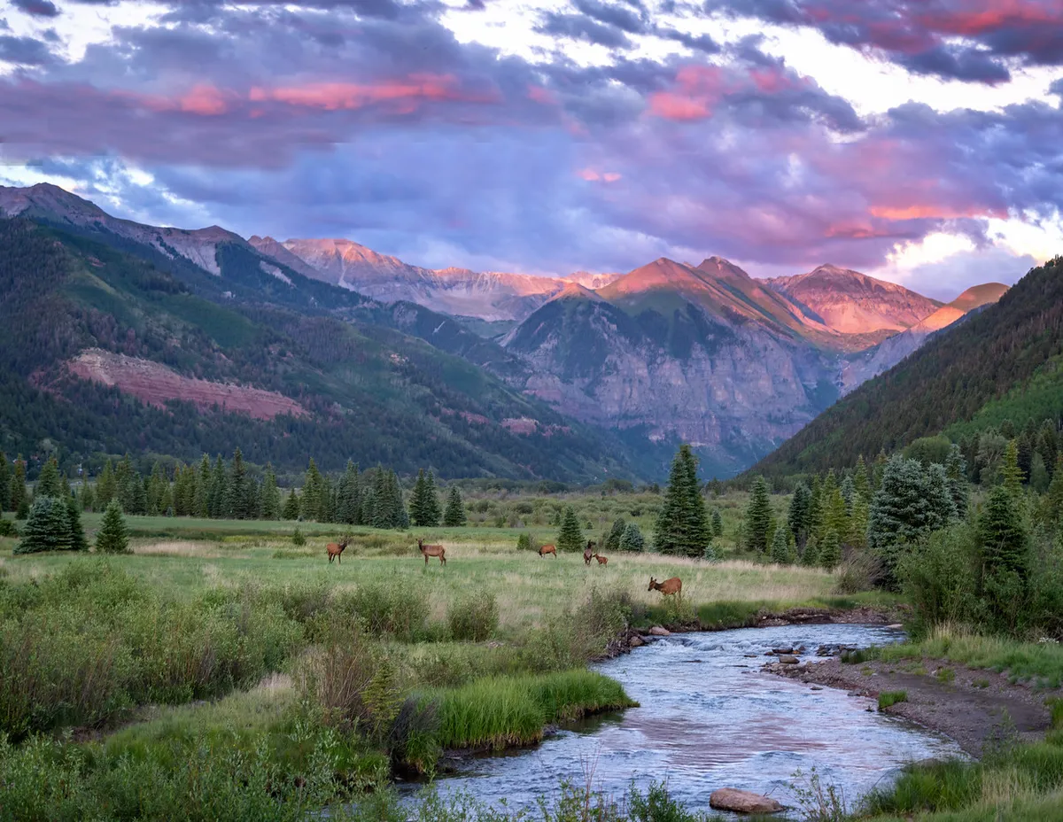 A serene, scenic vista featuring majestic mountains, a meandering stream, grazing deer, and a colorful sky. The image embodies the peaceful and rejuvenating side of mountain life, suggesting year-round exploration and a close connection with nature.